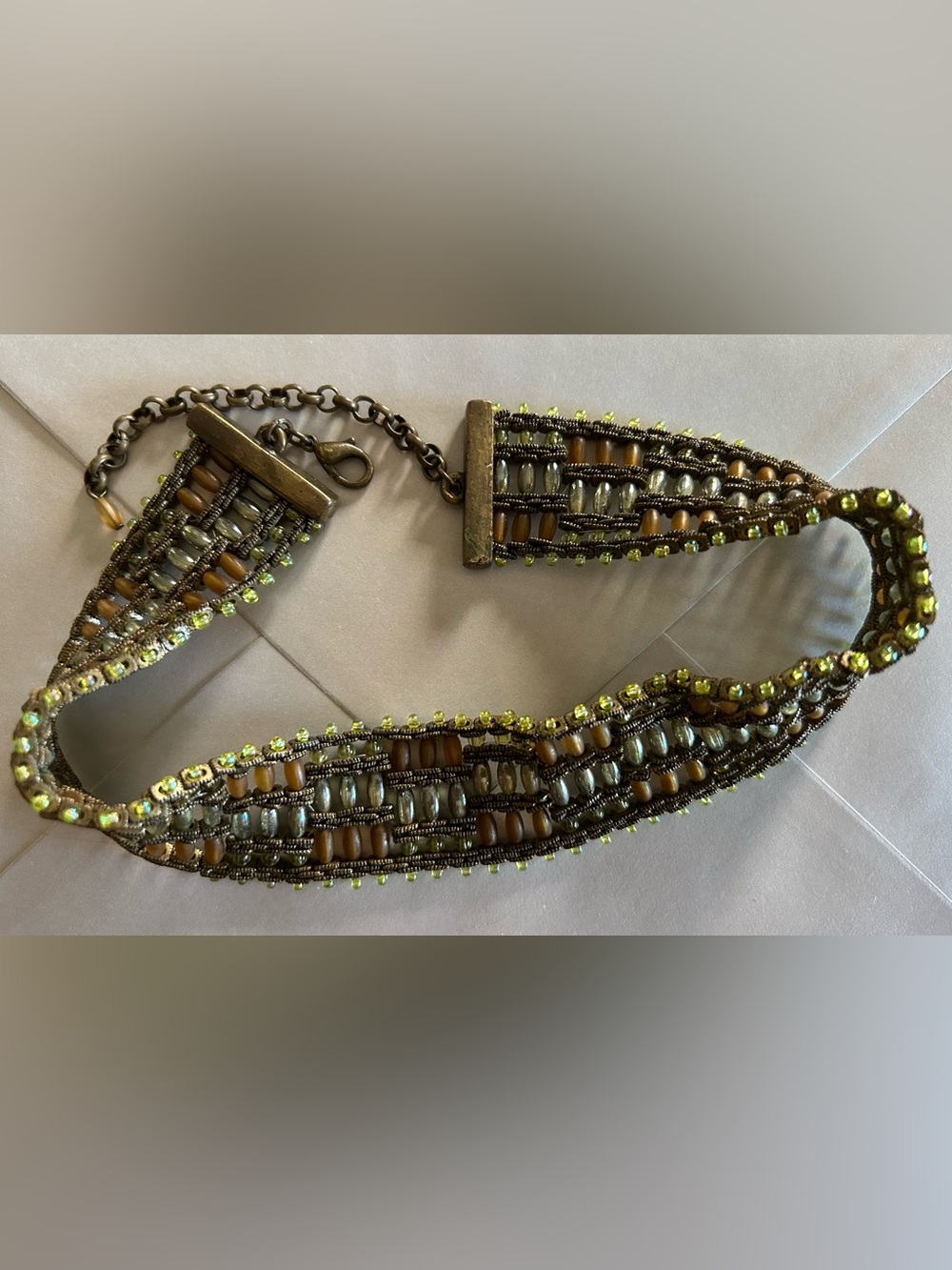 Vintage Boho/Hippie Beaded Choker Necklace in Olive Green & Brown - Picture 7 of 10